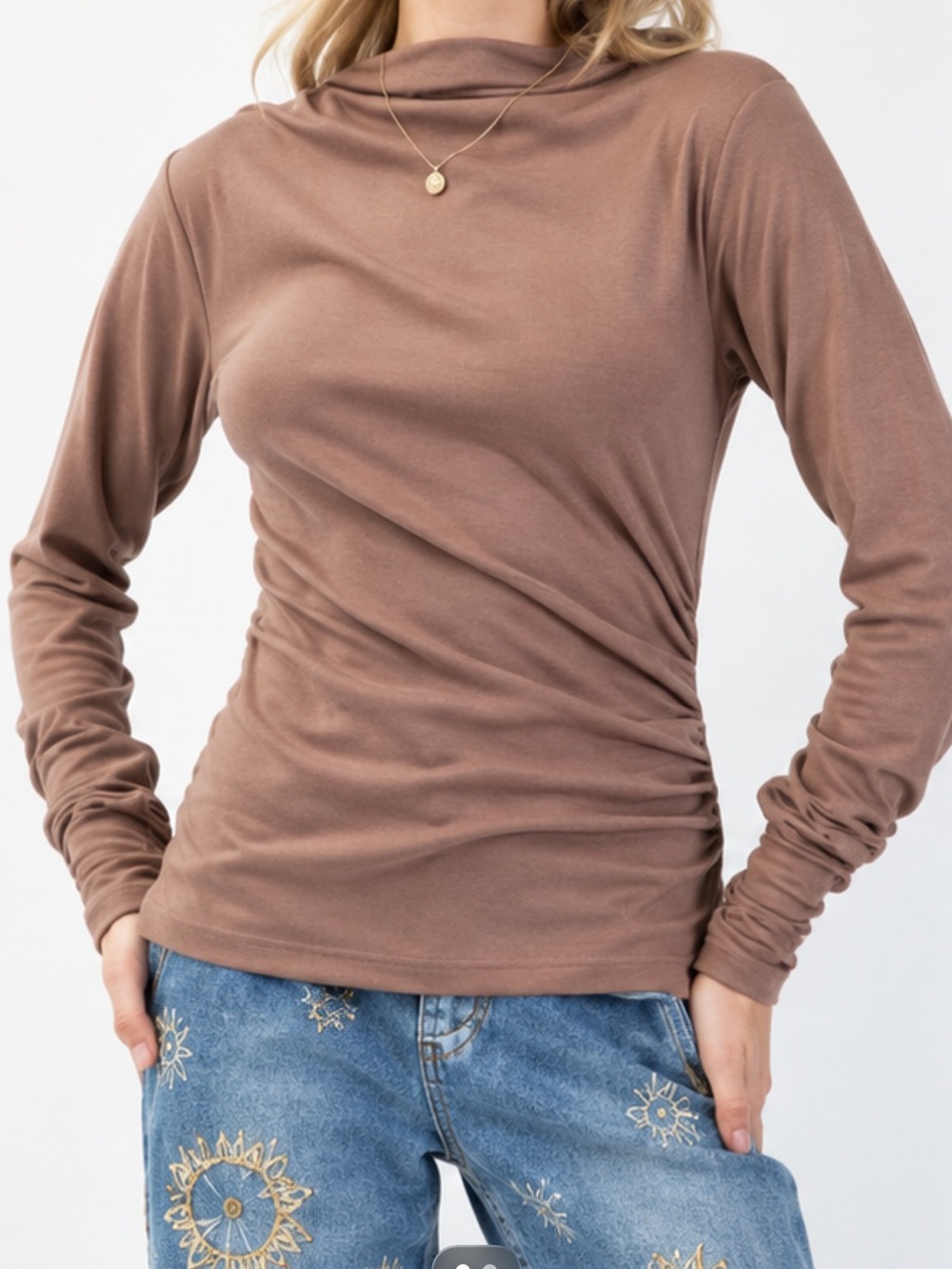 Easel Mocha Mock Neck Ruching Mocha Viscose Fall